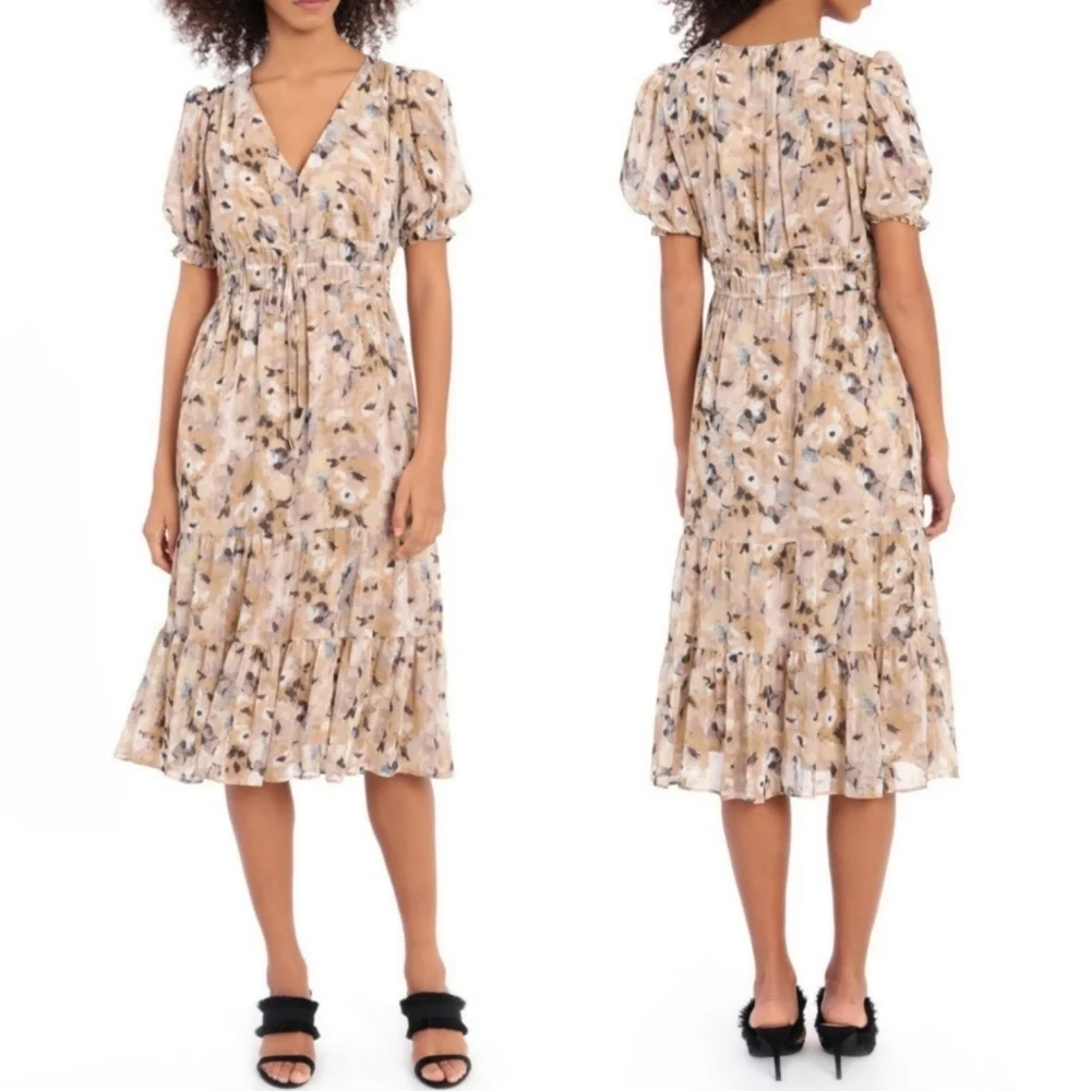 Maggy London Khaki Gold Print Puff Sleeve Ruffle Hem Midi Dress - Picture 1 of 9